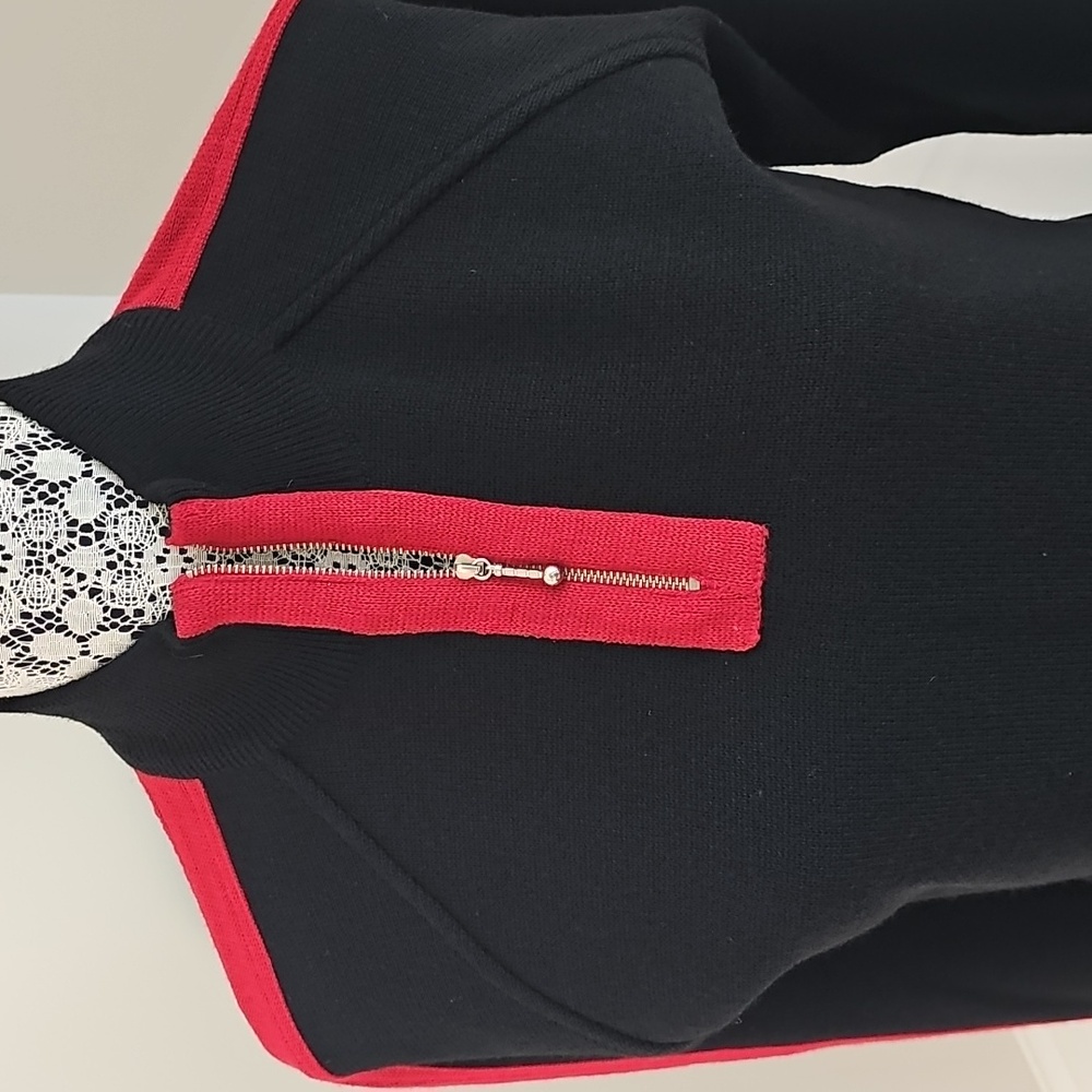 Ralph Lauren Soft Merino Wool Sweater Black With Red 1/4 Zip With Zipper Sleeves